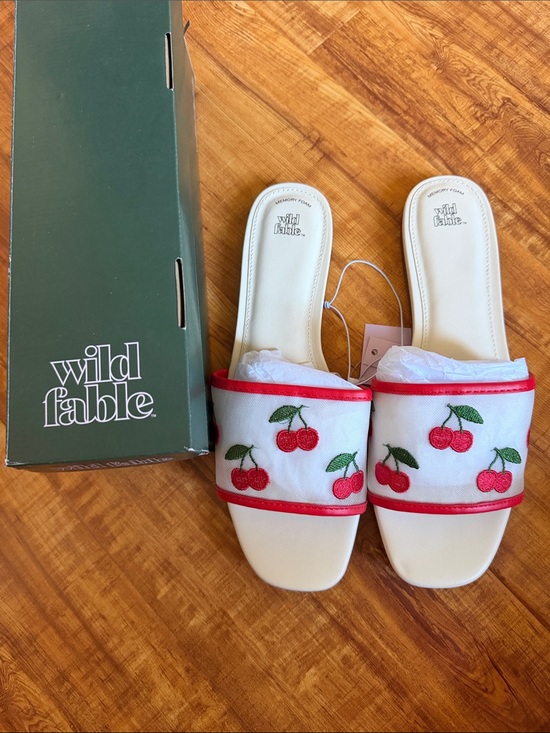 wild fable Shoes - wild fable White Slide Sandals with Red Cherry Embroidery and Red Trim